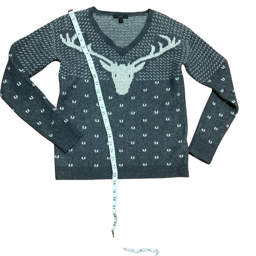 J.Crew 100% Wool Reindeer Sweater Gray White V Neck Nordic Small - Picture 5 of 9